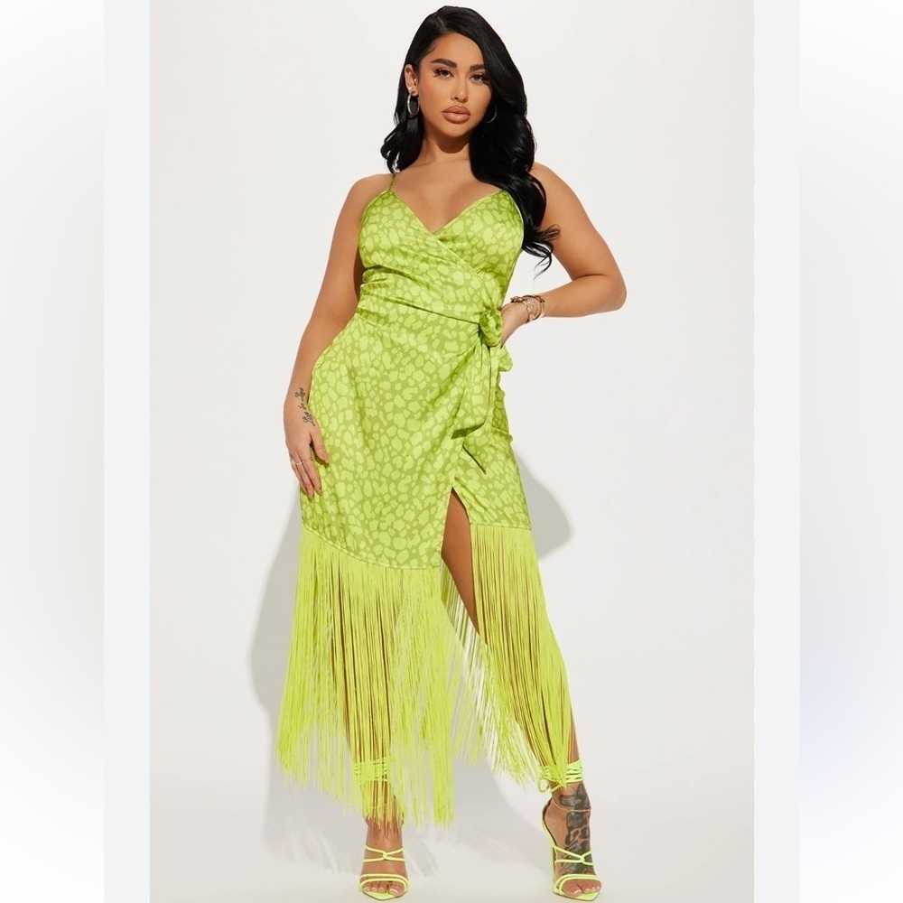 Fringe lime green leopard satin wrap dress L